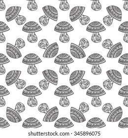 Seamless floral pattern mushrooms grow. Black and white graphics, painted by hand. For the design and decoration background, wallpaper, packaging, fabrics, textiles.