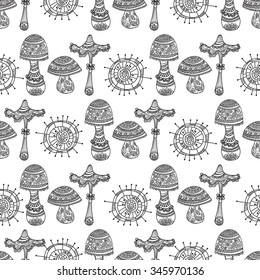 Seamless floral pattern mushrooms grow. Mushrooms and whimsical flowers, black and white graphics, painted by hand. For the design and decoration background, wallpaper, packaging, fabrics, textiles.