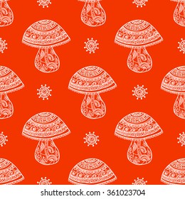 Seamless floral pattern mushrooms grow, painted by hand. For the design and decoration background, wallpaper, packaging, fabrics, textiles.