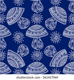 Seamless floral pattern mushrooms grow. Blue and white graphics, painted by hand. For the design and decoration background, wallpaper, packaging, fabrics, textiles.