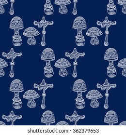 Seamless floral pattern mushrooms grow. Blue and white graphics, painted by hand. For the design and decoration background, wallpaper, packaging, fabrics, textiles.