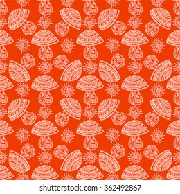 Seamless floral pattern mushrooms grow, painted by hand. For the design and decoration background, wallpaper, packaging, fabrics, textiles. 