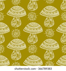 Seamless floral pattern mushrooms grow, painted by hand. For the design and decoration background, wallpaper, packaging, fabrics, textiles.