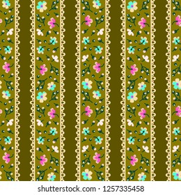 Seamless floral pattern, mustard background, beige lace, wild flowers, textiles,  vertical stripes, vector graphics
