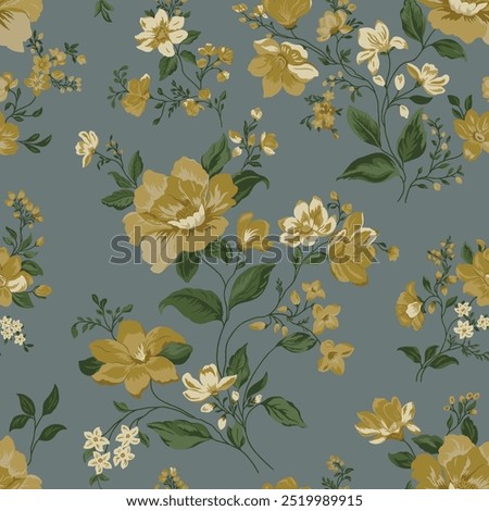 Seamless floral pattern with mustered and white flowers on green-blue background.