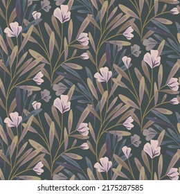 Seamless floral pattern, mystical ditsy print with flowers branches, lush dark foliage. Cute botanical background with autumn botany, hand drawn flowers, leaves on branches. Vector illustration.