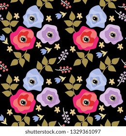 Seamless floral pattern in naive style. Anemones and poppies, bird cherry and little bell flowers isolated on black background.