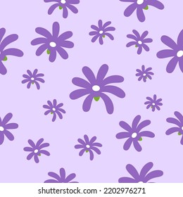 Seamless floral pattern with natural beautiful cartoon purple flowers on light purple background. Flat vector illustration. 