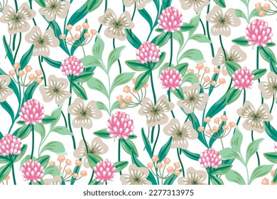 Seamless floral pattern, natural print with hand drawn wild plants. Botanical design with ornate wild garden: small clover flowers, large leaves, herbs on a white background. Vector illustration.