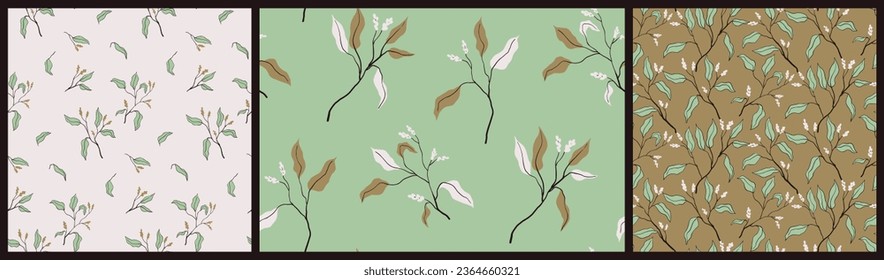 Seamless floral pattern, natural print with hand drawn branches in the collection. Abstract botanical design of branches with small flowers, large leaves. Vector illustration in natural colors.