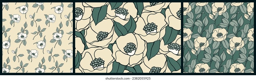 Seamless floral pattern, natural print with large plants in a minimalist style. Collection of botanical design with hand drawn flowers, leaves in a limited color palette. Vector illustration.