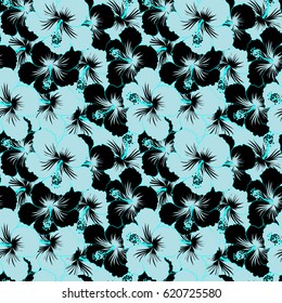Seamless floral pattern with neutral, blue and black hibiscus flowers, watercolor. Seamless pattern with floral motif. Vector illustration. Vector flower illustration.