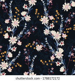 Seamless floral pattern in the night garden with different kind of flower ,Design for fashion,fabric,textiles,wallpaper,wrapping and all prints on navy blue background color