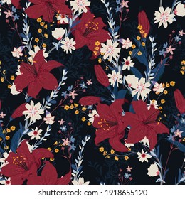 Seamless floral pattern in the night garden with different kind of flower ,Design for fashion,fabric,textiles,wallpaper,wrapping and all prints on navy blue background color
