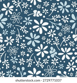 Seamless floral pattern in nordic blue tones with hand drawn botanical elements. Clean Scandinavian style background for textile, home decor, packaging, wallpaper, stationery and modern interior design projects
