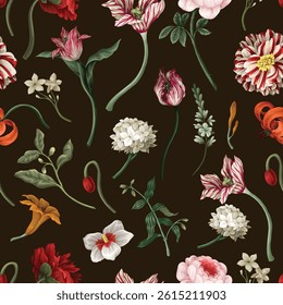Seamless floral pattern with oil painting rococo still-lifes flowers. Vector