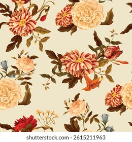 Seamless floral pattern with oil painting rococo still-lifes flowers. Vector