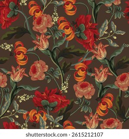 Seamless floral pattern with oil painting rococo still-lifes flowers. Vector