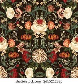 Seamless floral pattern with oil painting rococo still-lifes flowers. Vector