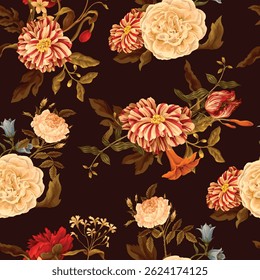 Seamless floral pattern with oil painting rococo still-lifes flowers. Vector