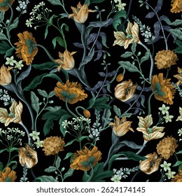 Seamless floral pattern with oil painting rococo still-lifes flowers. Vector