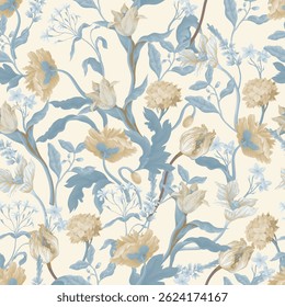 Seamless floral pattern with oil painting rococo still-lifes flowers. Vector