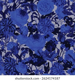 Seamless floral pattern with oil painting rococo still-lifes flowers. Vector