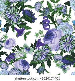 Seamless floral pattern with oil painting rococo still-lifes flowers. Vector