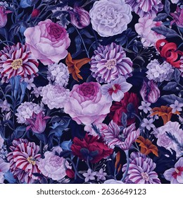 Seamless floral pattern with oil painting rococo still-lifes flowers. Vector