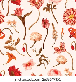 Seamless floral pattern with oil painting rococo still-lifes flowers. Vector