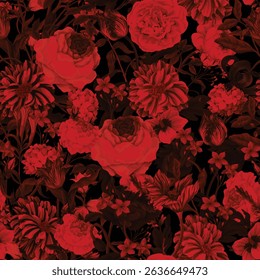 Seamless floral pattern with oil painting rococo still-lifes flowers. Vector