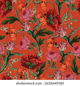 Seamless floral pattern with oil painting rococo still-lifes flowers. Vector