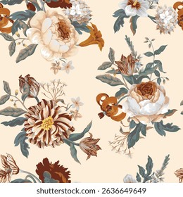 Seamless floral pattern with oil painting rococo still-lifes flowers. Vector