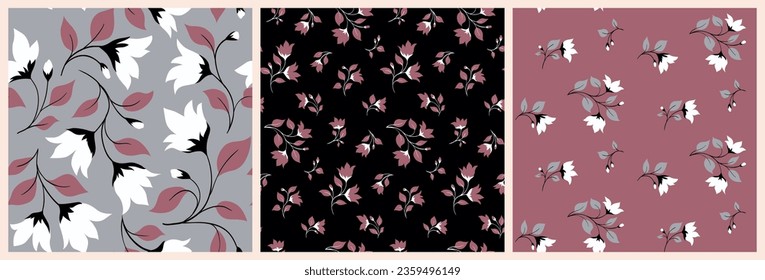 Seamless floral pattern, old fashion ditsy print with hand drawn branches in the collection. Abstract botanical design in winter colors: small flowers, twigs, leaves on different backgrounds. Vector.