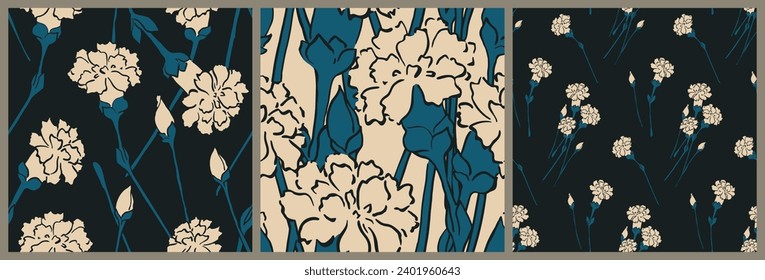 Patrón floral sin brillo, antigua flor de moda con claveles dibujados a mano en la colección. Elegante diseño botánico de las parcelas: flores de arte en línea grande, tallos, hojas en oscuridad. Patrón de vector