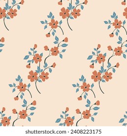 Seamless floral pattern, old fashion folk ornament with flowers branches. Cute botanical design, simple flower print: small hand drawn flowers branches arranged in a diagonal line. Vector pattern.