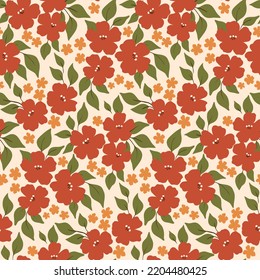 Seamless floral pattern, old-fashioned floral print with autumn botany in folk style. Autumn botanical design with simple decorative art plants: flowers, leaves. Vector illustration.