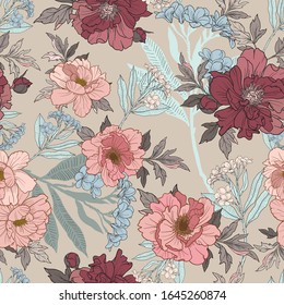 Seamless floral pattern with oleander and piones. Decorative elegant floral background for surface design