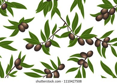 Seamless floral pattern with olive branches on white background.