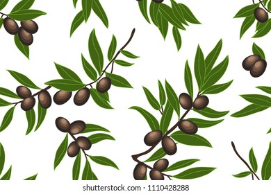 Seamless floral pattern with olive branches on light background.