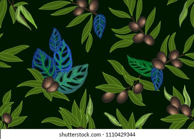 Seamless floral pattern with olive branches and blue leaves on dark green background.