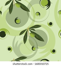 seamless floral pattern with olive tree and abstract shapes vector - light green background