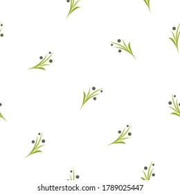 Seamless floral pattern with olive twigs. Nature texture on white background. Hand drawn shabby sprigs with sharp leaflets. For printing on fabric or paper. Vector illustration