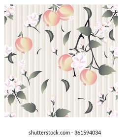  Seamless floral pattern on ancient wall-paper of cream color background with  flowers, branches of an apple-tree and apples in pastel tones. Organic design. 