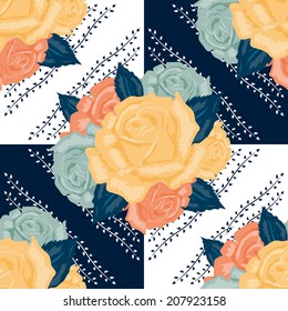 Seamless floral pattern on a background of blue and white squares