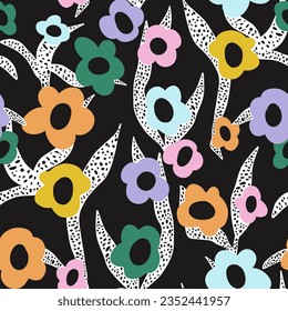 Seamless floral pattern on balck background. Botanical abstract texture in modern style for fabric, textile. Vector illustration 