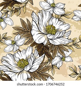 Seamless floral pattern on a beige background. Design for wallpaper, fabric, wrapping paper, cover and more. Vector illustration.