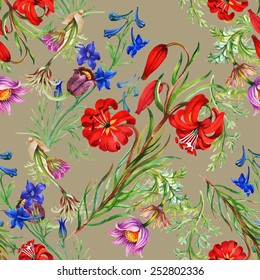 Seamless floral pattern on beige background with meadow flowers vector illustration