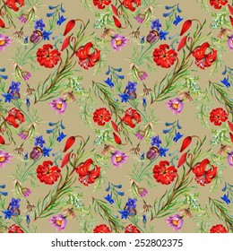 Seamless floral pattern on beige background with meadow flowers vector illustration
