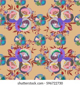 Seamless floral pattern on a beige background with motley poppy flowers. Vector illustration.